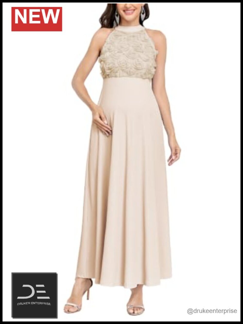 Maternity 3D Floral Halter Maxi Dress Ribbed A Line Tie Back Sleeveless